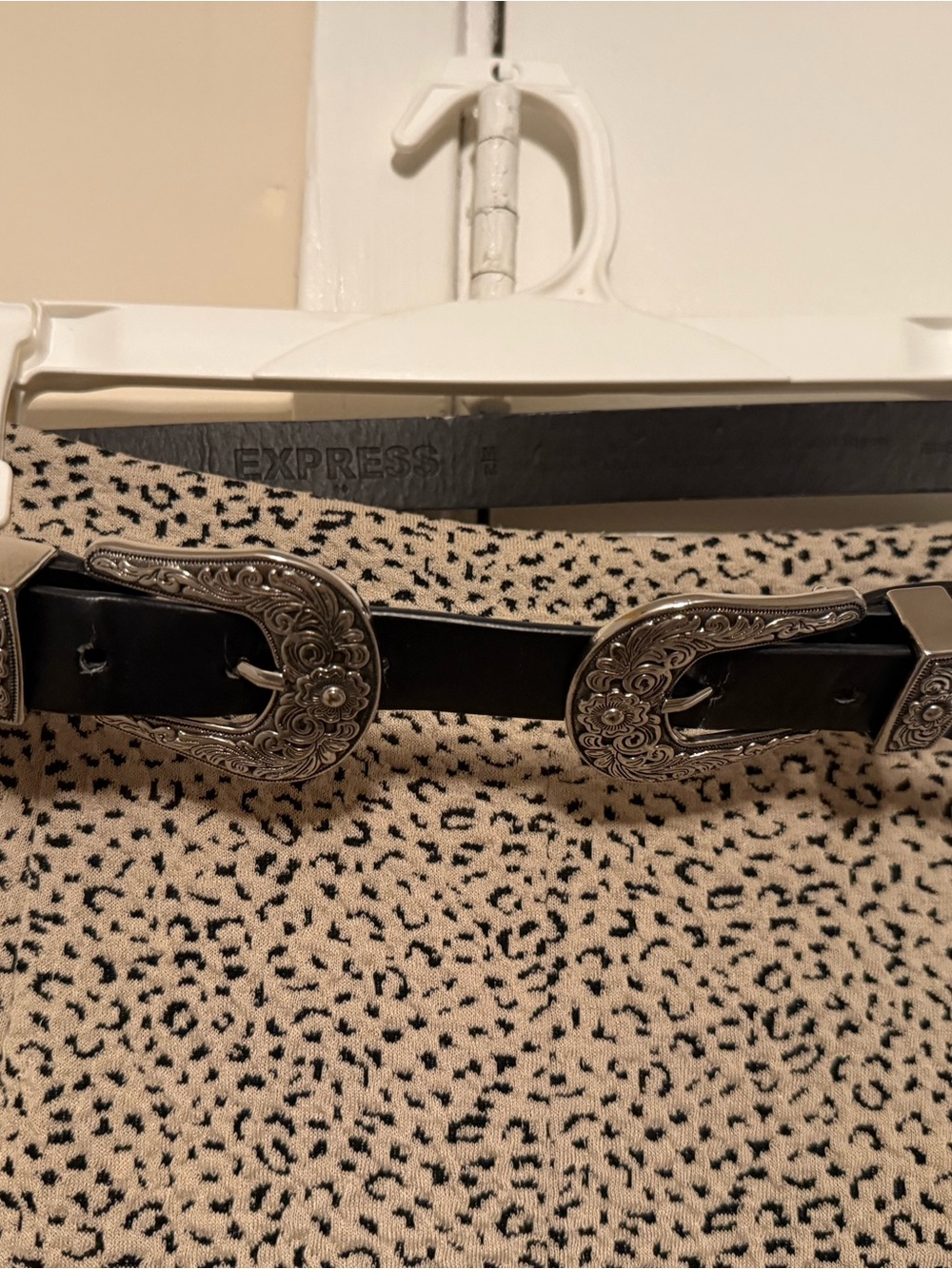 Express Black Western Double Buckle Floral-Engraved Belt